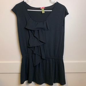 DownEast Black Short Sleeve Shirt With Ruffle Front and Cinched Waist